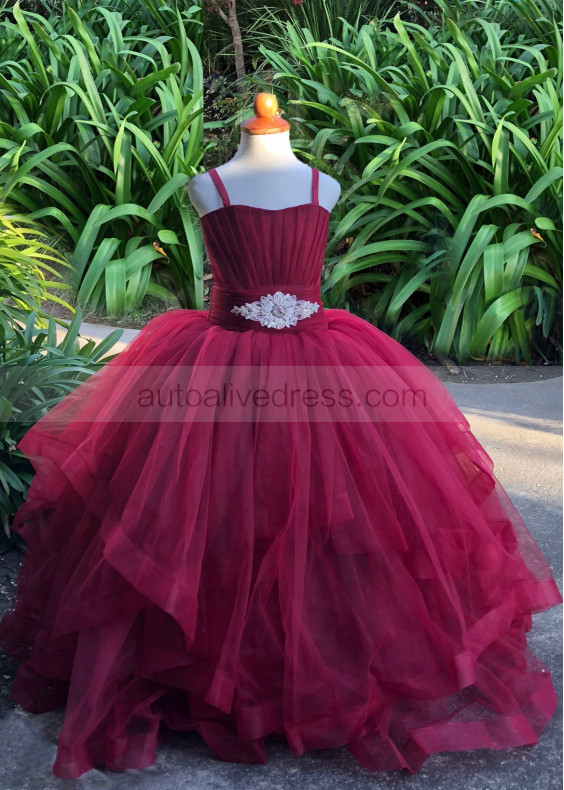 Burgundy Tulle Flower Girl Dress With Beaded Belt